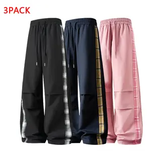 3PACK Men's Oversized Parachute Pants  Plaid Stripe Baggy Cargo Pants, Trendy Y2K Streetwear Track Pants