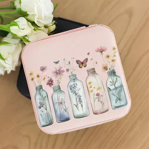 Wildflower & Butterfly Print Jewelry Box, Mini Portable Travel Jewelry Organizer, Floral Vase Pattern Small PU Leather Storage Case for Rings Earrings Necklaces, Gifts for Women Girls