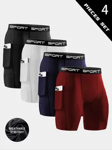 4-Pack Men’s Compression Shorts with Pockets, High Stretch, Quick Dry, Breathable Construction, Polyester Athletic Shorts, Knit Workout Shorts for Running, Training & Gym, Performance Sports Shorts Set Black Blue White, Convenient Pockets