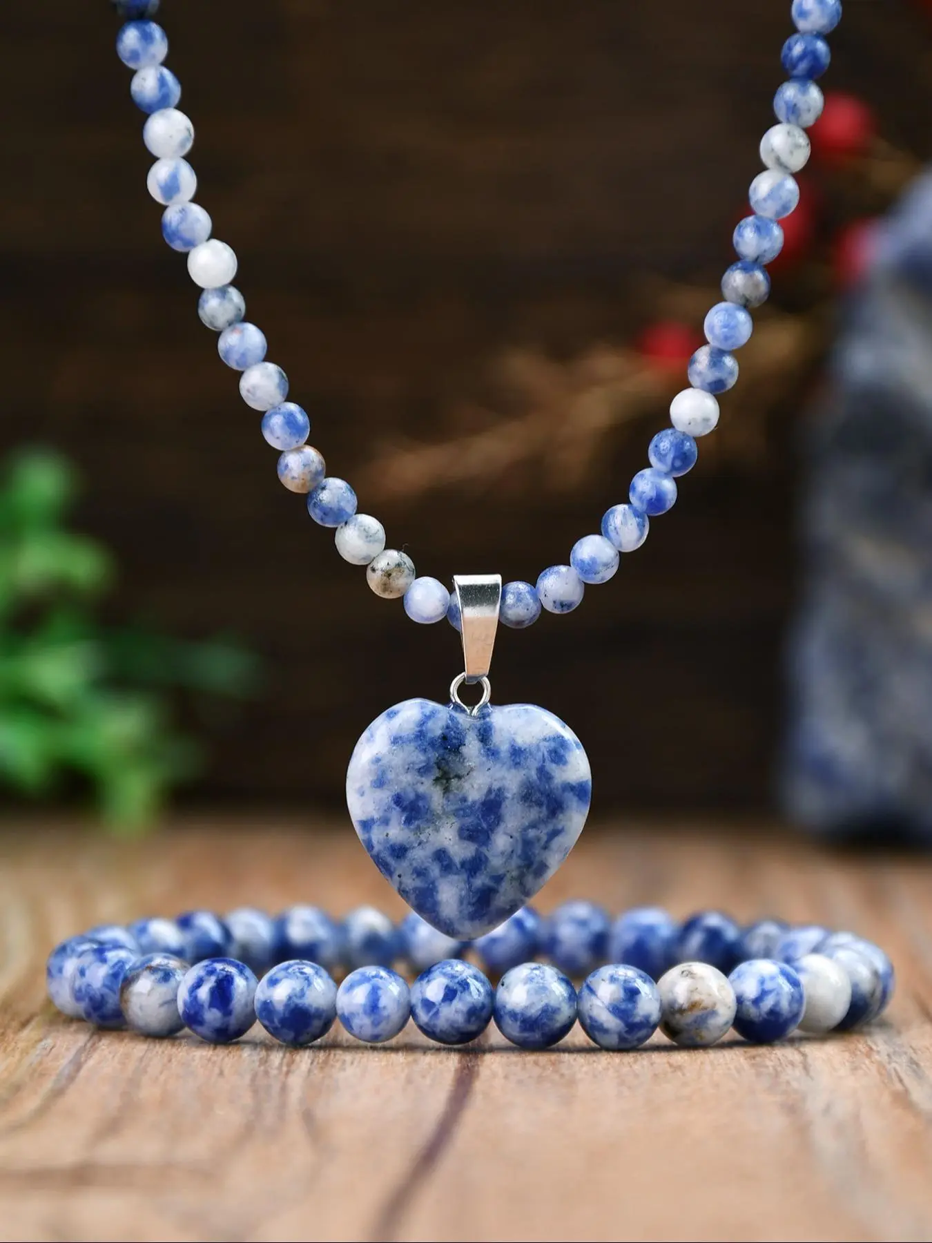 Vintage Sodalite Stone Necklace Bracelet Set Heart Charm Pendant Beaded Jewelry Gift for Women Holiday Accessories, Fashion Jewelry Set, Jewelry Sets, Jewellery Gift Set