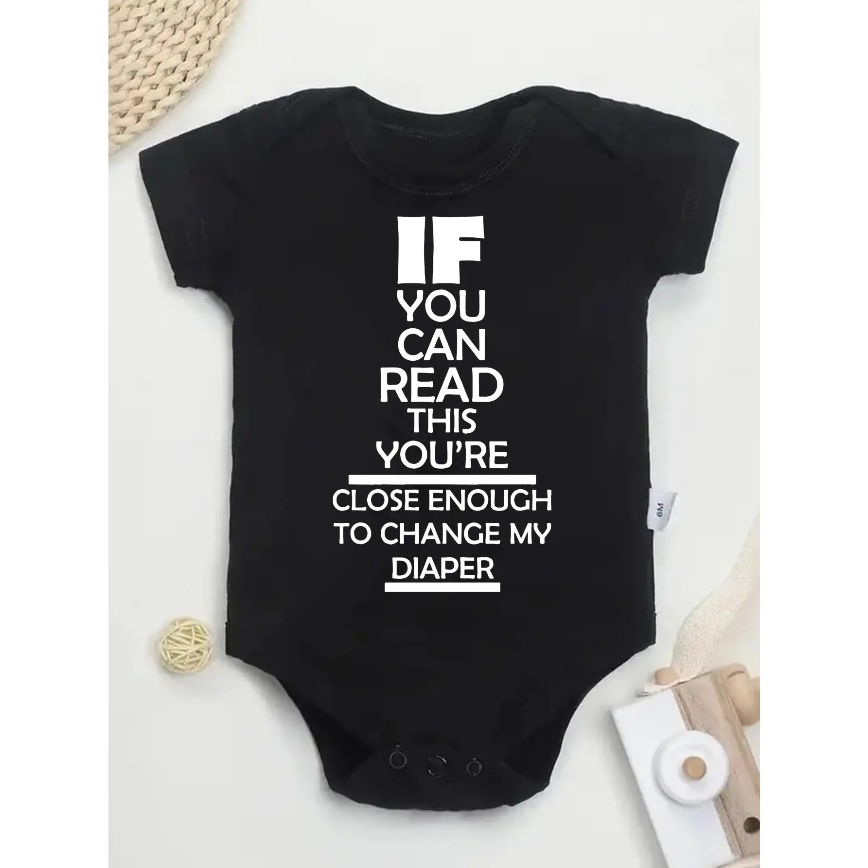Cute Baby Bodysuit With If You Can Read This Youre Close Enough To Change My Diaper Print Soft Versatile Round Neck Button Detail Regular Fit All Seasons Knitted Fabric Onesie For 0-12 Months