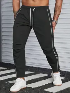 Summer loose sweatpants men's pants light and soft fabric large cut black side stripes inlaid white decorative strips drawstring waist fitness wear quick-drying breathable gym running sweatpants