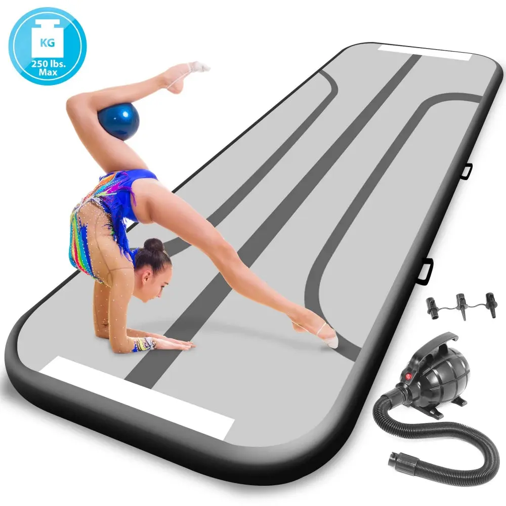 10ft Inflatable Gymnastics Mat | Waterproof Anti-Slip Tumbling Mat with Electric Pump, 0.8mm Thick Drop Stitch PVC Air Exercise Mat for Yoga, Cheerleading, Martial Arts - Indoor Outdoor Training Mat with Handles, Repair Kit & Storage Bag