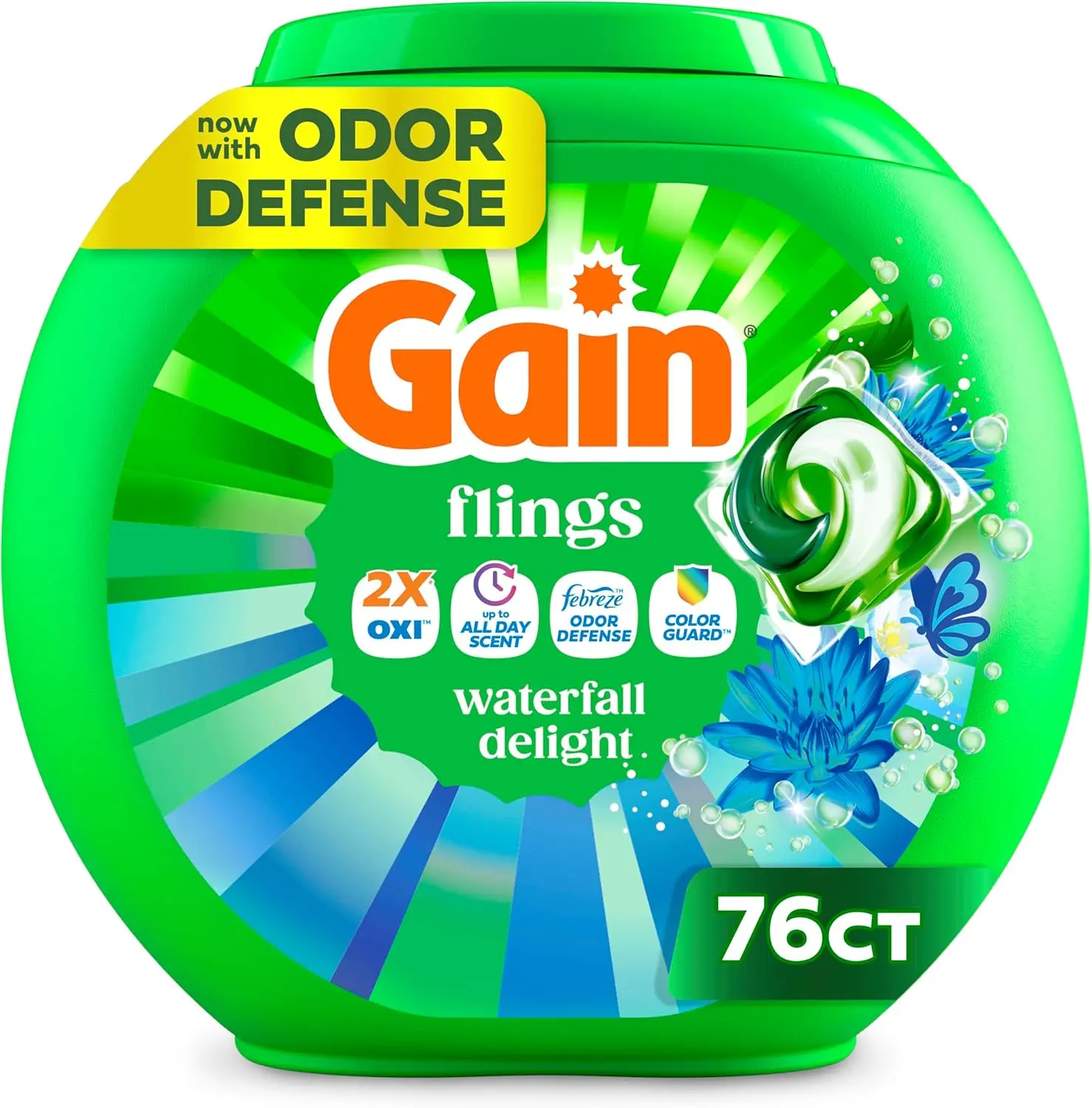 Gain Flings Liquid Washing Detergent Pods, Now with Odor Defense + Color Guard, Waterfall Delight Scent, 4-In-1 liquid laundry detergent pacs, clean & fresh, 76 Count (Packaging May Vary)