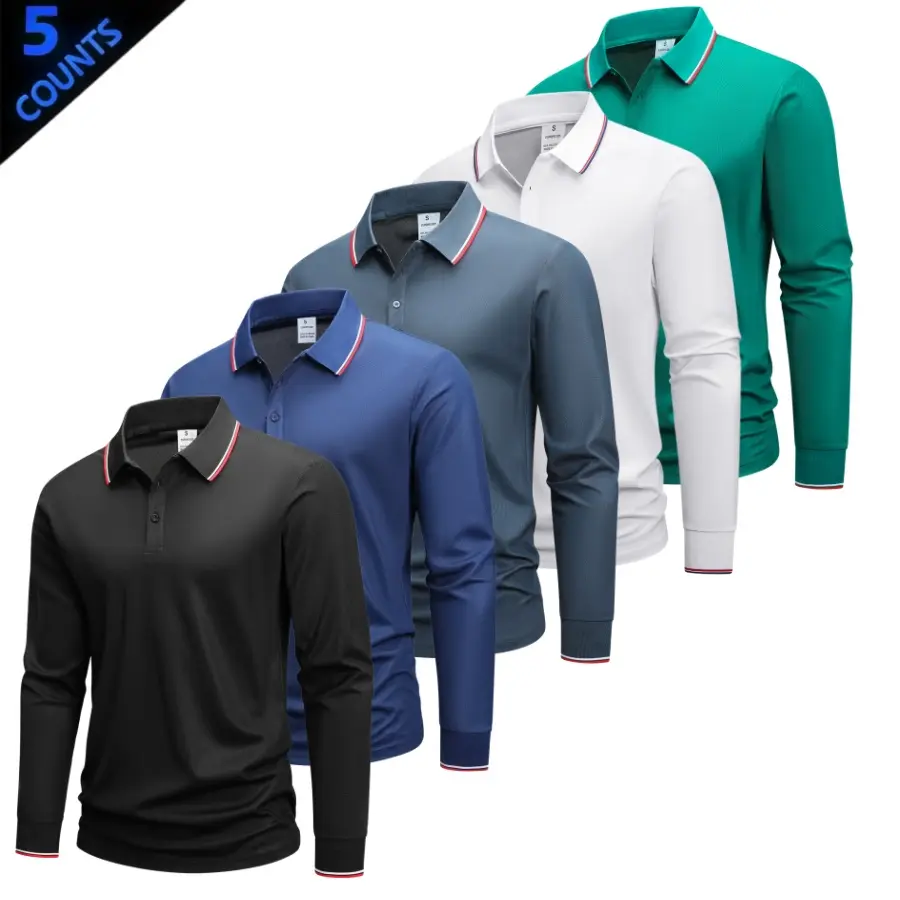 Five piece color block men’s long sleeve polo shirts in a business casual style. Classic notched lapels paired with red and white thin piping add refined details, while button accents at the placket create a clean, streamlined look. Long sleeves are desig