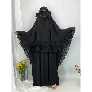 Women's Solid Color Ruffle Trim Chiffon Khimar, Chic Modest Fashion Long Hijab for Daily Wear, Women's Chic Muslim Islamic Clothing for All Seasons
