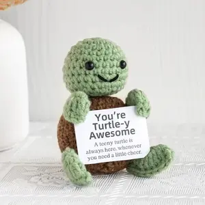 Emotional Support Turtle Hug Pocket Mini Handmade Plush Wool Knitting Doll with Card Funny Gift Home Room Decoration