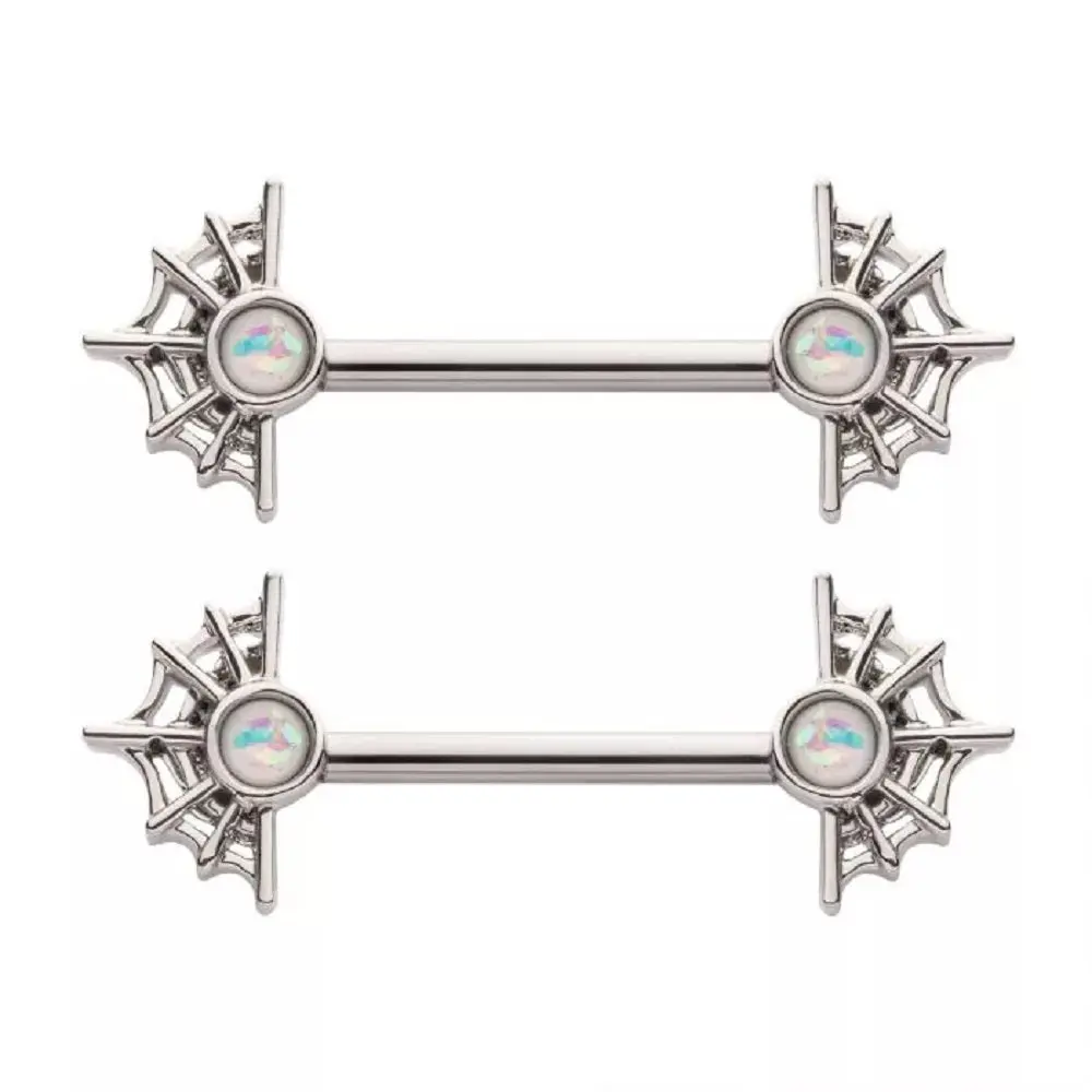 Spider Web with White Glitter Opal Nipple Barbells - 316L Stainless Steel - Pair