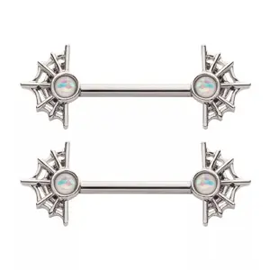 Spider Web with White Glitter Opal Nipple Barbells - 316L Stainless Steel - Pair