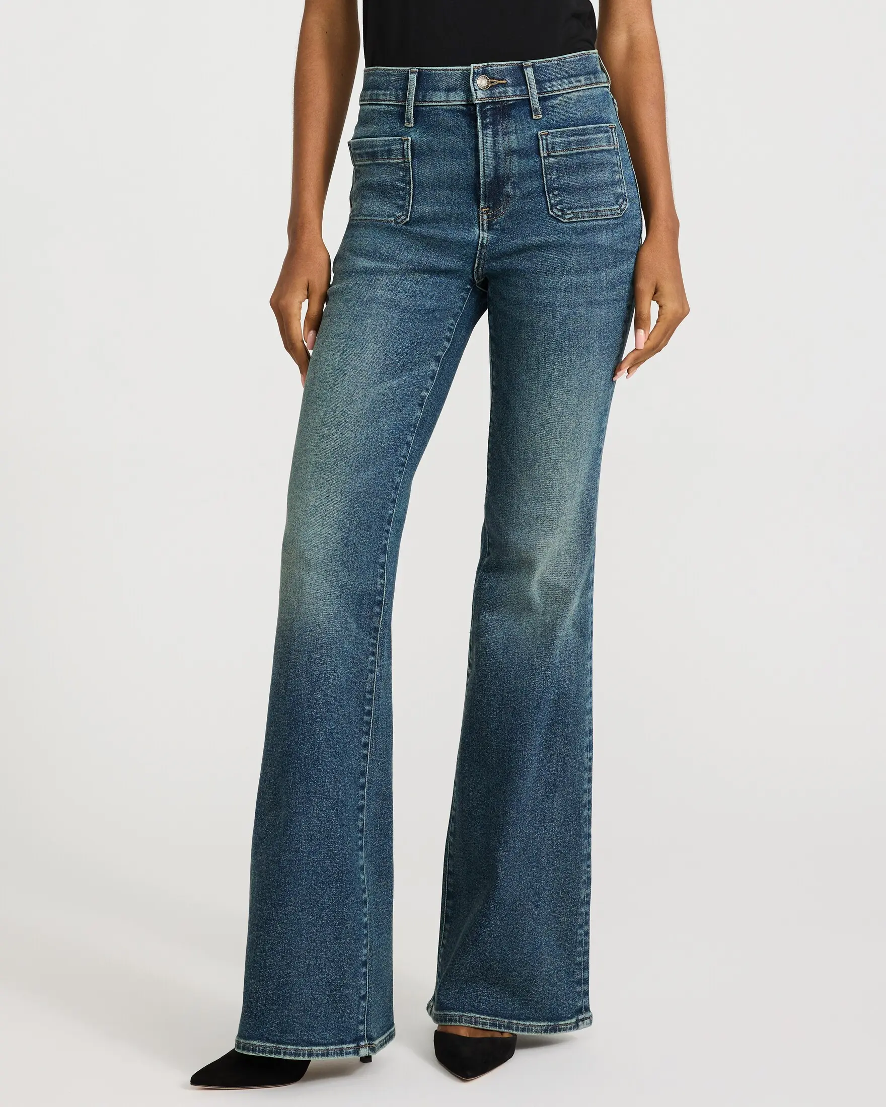 Express High Waisted Patch Pocket '70s Flare Dark Wash Jeans