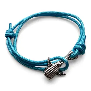 Silver Color Whale Design Nylon 2 - Row Rope Wrap Bracelet 15 Inches Adjustable