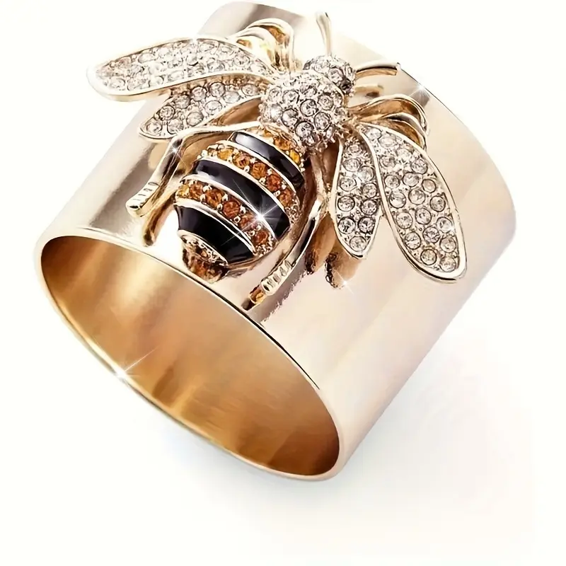 Elegant Bee Ring for Women, Gold-Tone Alloy with Synthetic Cubic Zirconia, Fashion Wide Band, Perfect for Daily Wear & Parties, Ideal Valentine'S Day Gift, All-Season Accessory