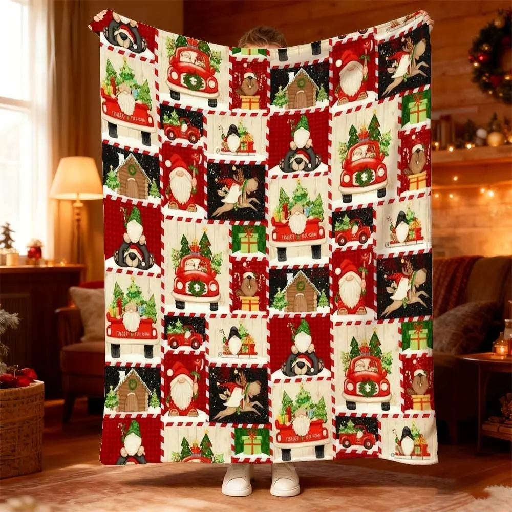 1pc Cozy Christmas Patchwork Blanket, Soft Warm Blanket, for Bedroom, Sofa, Camping Relaxation, Festive Red and Green Design featuring Santa, Trees for Warmth and Comfort, Nap Blanket for Winter Decor and Celebration