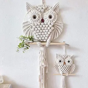 Hand-Woven Owls Dreamcatcher Ornament Arts Cotton Macrame Wall Hanging Tapestry DIY Owl Animal Tapestry Room Home Decoration