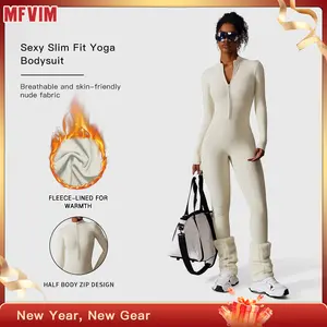 Women's Solid Zip-Up Skiing Jumpsuit by MFVIM - Casual Sporty Long-Sleeve Jumpsuit for Skiing and Cycling, Ladies' Activewear for Fall and Winter Workout Gym Clothing