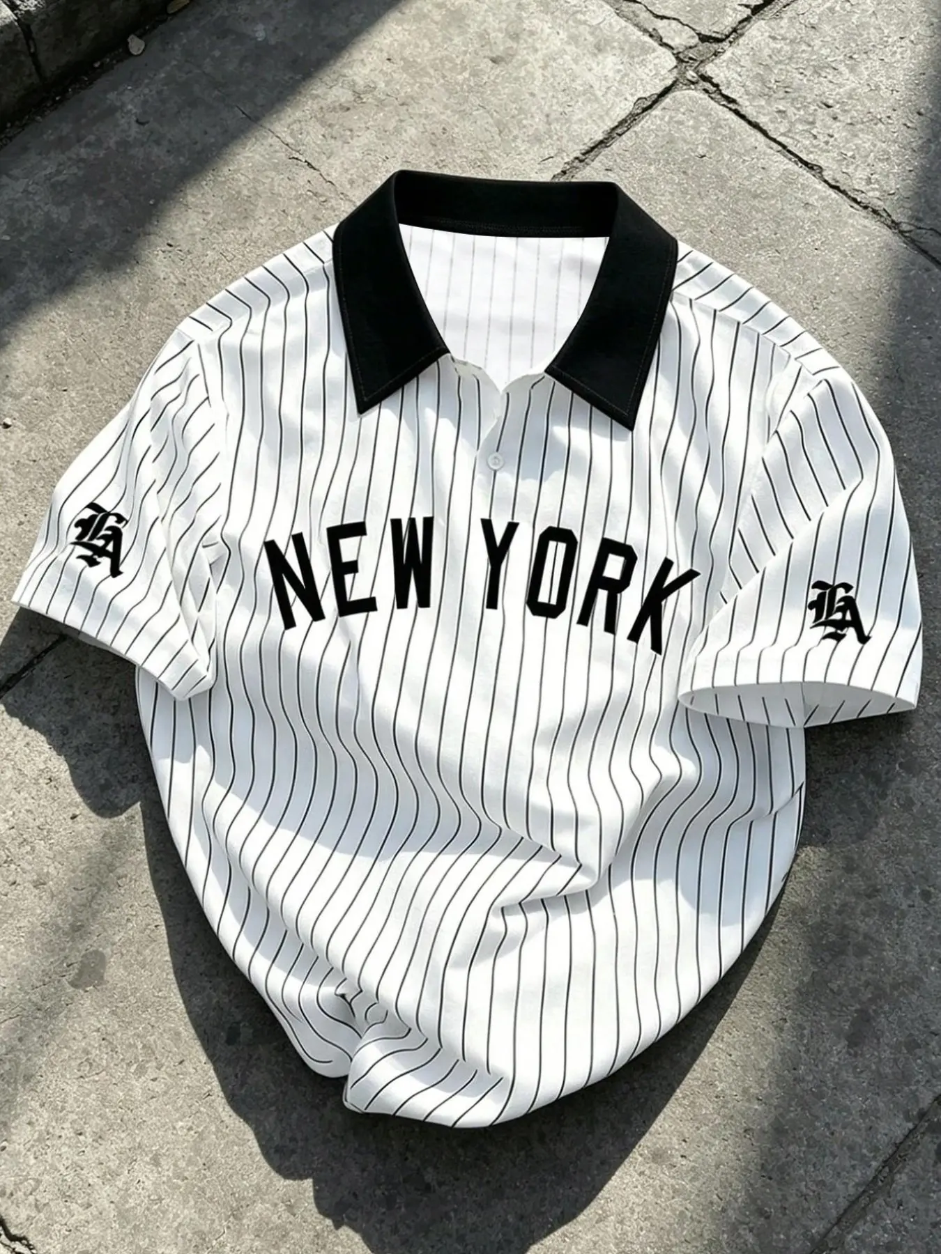 Men's Retro Vintage New York Print Striped Casual Collared Polo Shirt, Loose-Fit Colorblock Collar Short Sleeve Design, Trendy Casual Street Baseball Style Summer Top, Summer Polos