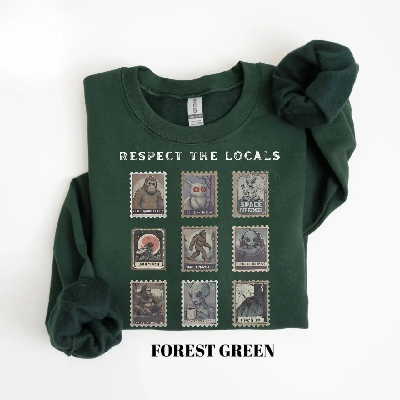 Respect The Locals Cryptid Sweatshirt, Cute Mothman Hiking Crewneck, Funny Bigfoot Sweatshirt for Introverts, Vintage Camping Alien Graphic Sweatshirt, Spooky Outdoor Adventure Pullover, Cryptid Lover Gift, Cozy Fall Sweatshirt
