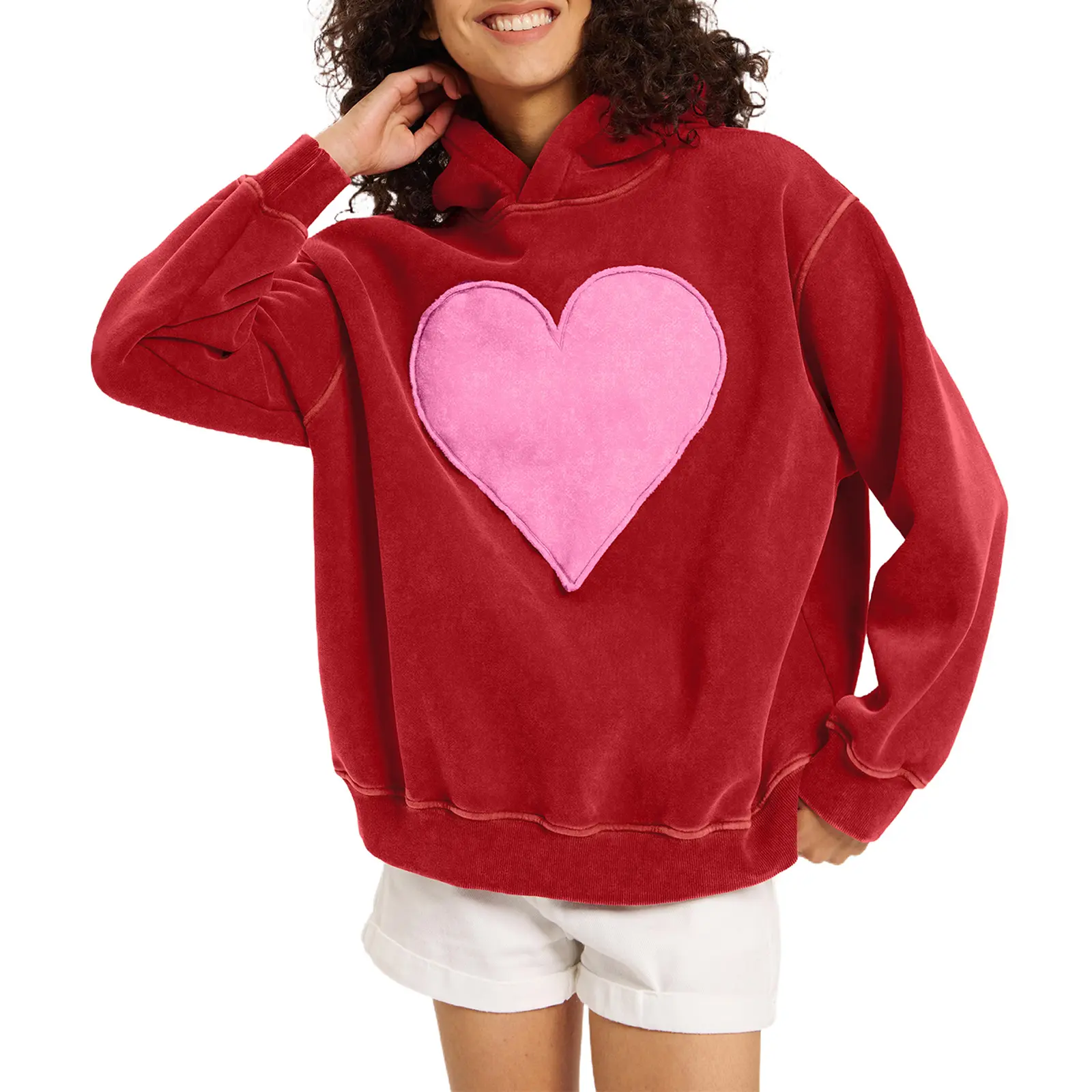 FAIABLE Women's Embroidered Hoodie with Heart Patch - Long Sleeve Casual Hooded Pullover, Embroidered Sweatshirts, Women's Hoodies, Baggy Streetwear Tops for Spring Comfort & Fashion, Longsleeves