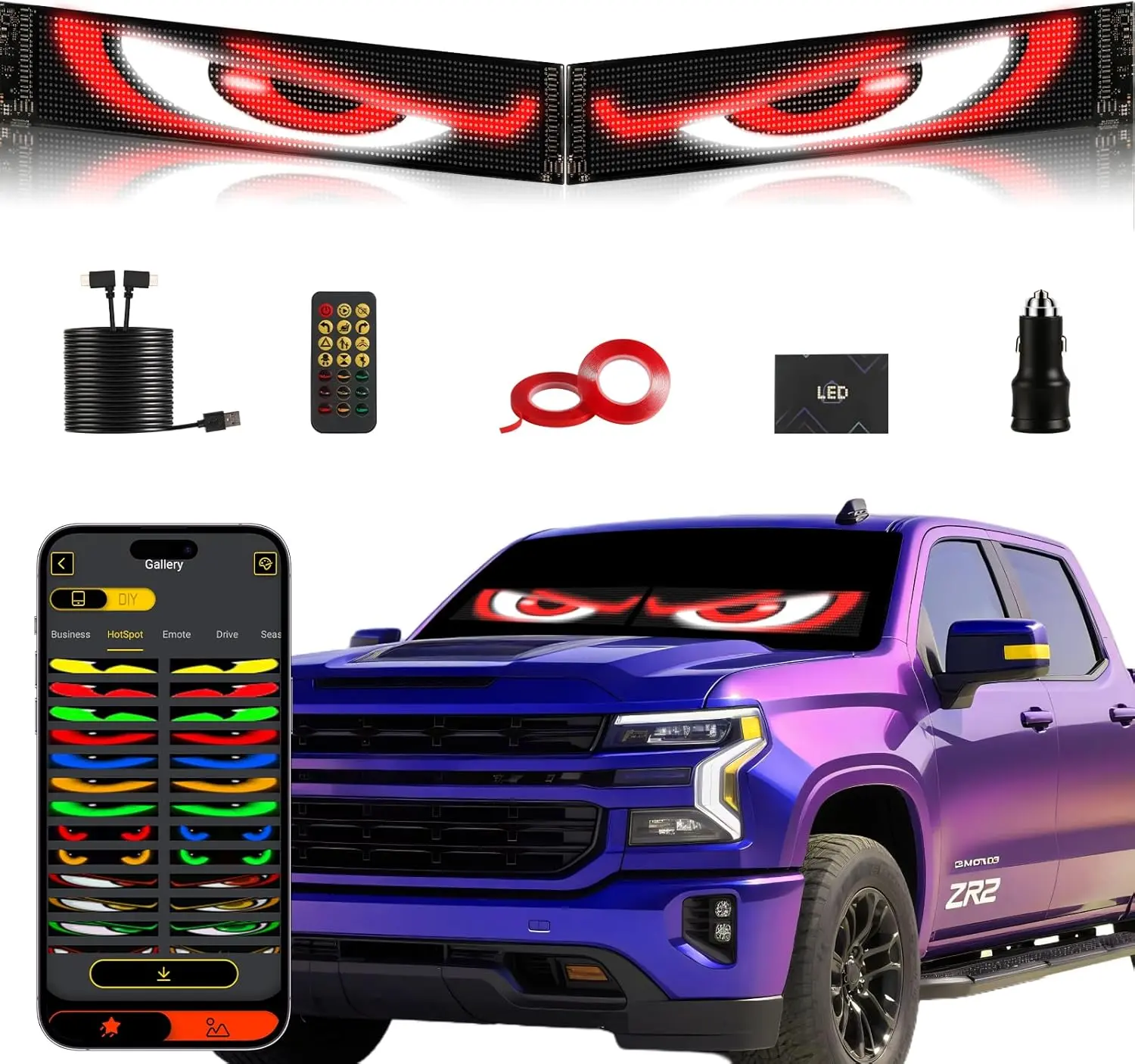 Programmable LED Devil's Eye Matrix Panel Lights - USB-Powered, IP67 Waterproof, Remote & App Control, Vehicle Custom Eye Display, Cool Car Decorations, Cars Accessories, Holiday Gift