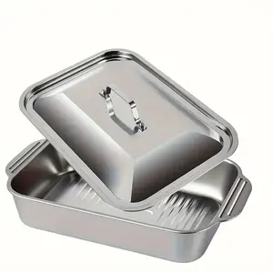 [6L Large Capacity Stainless Steel Baking Set] 2pcs Rectangular Casserole Dish Deep Pans with Handle Lids | 410 Heavy-Duty Metal, 16.14-Inch, Non-Stick & Dishwasher Safe | Perfect for Roasting Fish, Lasagna, BBQs & Festivals