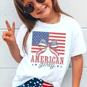 American Girly Coquette 4th of July Kids Shirt Red White Blue Patriotic Shirt Fourth of July, Comfortable And Breathable, Girls and Boys 100% Cotton Print T-shirt, Summer Fashion Tee, Perfect for Summer Girls Shirts Kids
