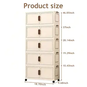 Foldable plastic storage cabinet with doors and wheels, suitable for large-capacity stacked storage in bedrooms, living rooms, and kitchens—high-quality, space-saving design, easy to assemble, magnetic closure, transparent doors