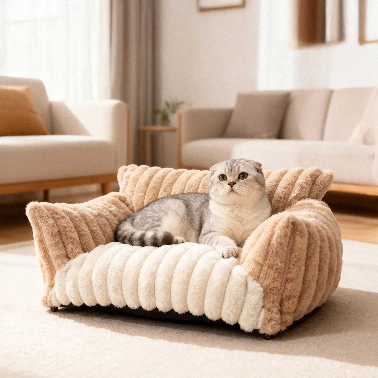 Washable Pet Sofa Bed – Cozy Supportive Cat Couch for Indoor Cats & Small Dogs, premium soft corduroy, Fluffy Breathable Fabric，cat&dog couch bed，leisure pet bed，anti-slip base