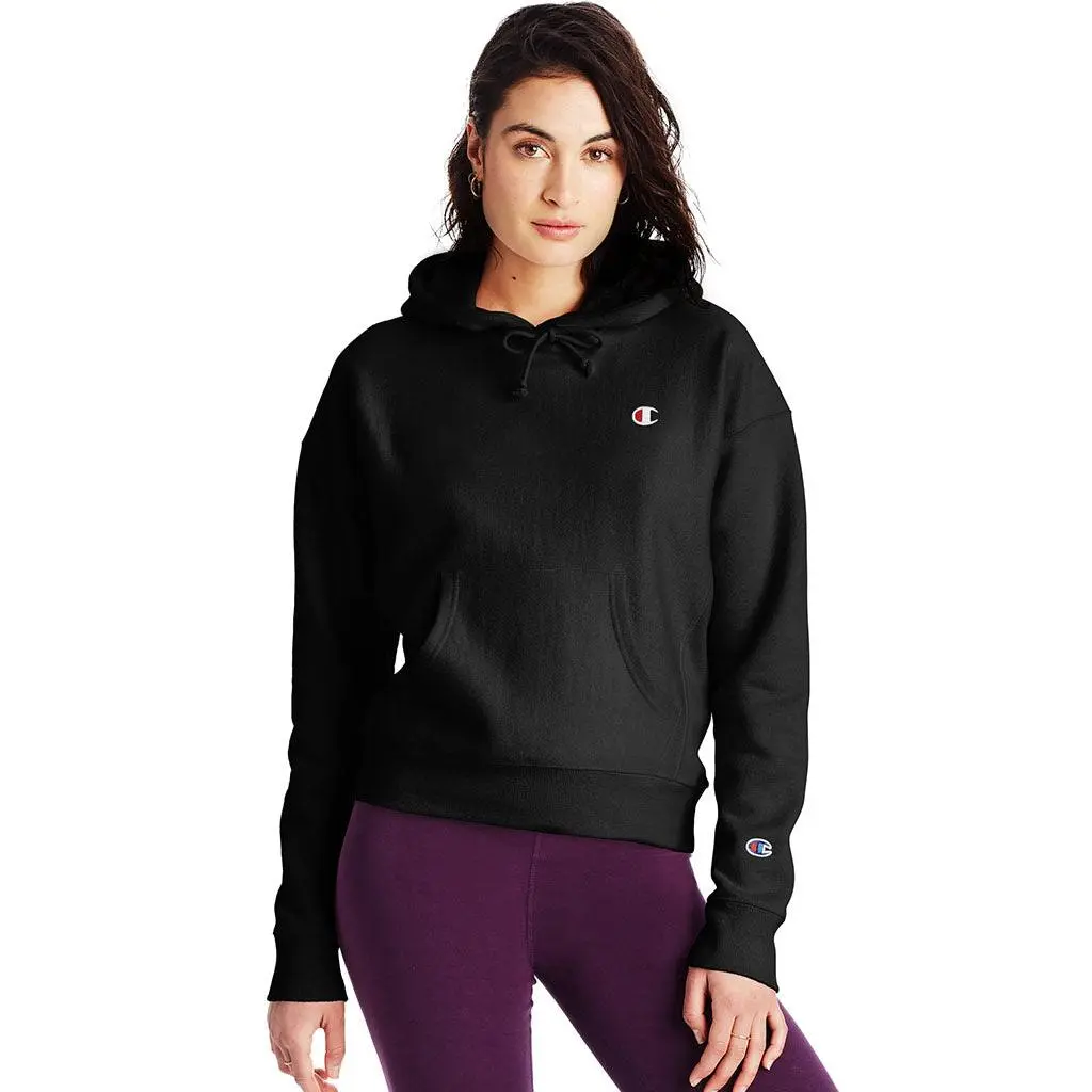 CHAMPION Women's Reverse Weave Hoodie, Relaxed Fit Pullover Sweatshirt in Heavyweight Cotton Fleece with Embroidered C Logo, Sweatshirts, Soft, Tops, Fabric, Girl, Ribbed, Kangaroo Pouch, Polyester, Lady, Casual, Cotton Blend, C Patch Logo On Left Cuff, A
