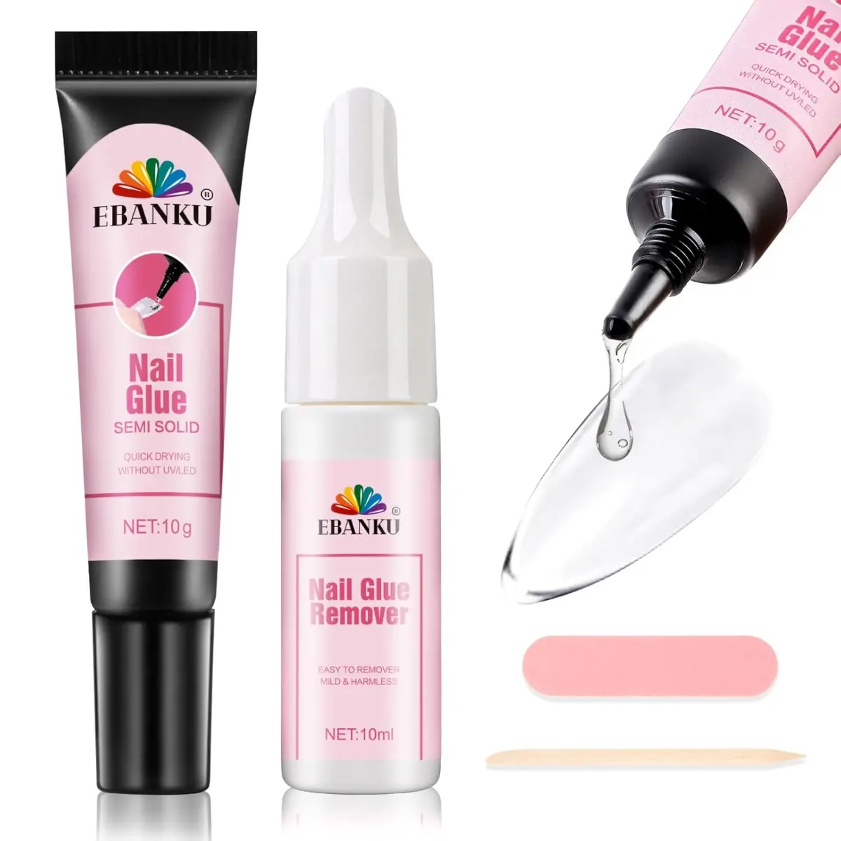 EBANKU Solid Nail Glue Gel with Nail Glue Remover Set, Quick Drying Solid Super Glue for Press On Nails, NO UV Lamp Needed, 10ml Gel Nail Remover for Fake Acrylic Nails
