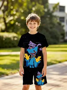 Boys' 3D Short Sleeve Set American Style Poppy Playtime Huggy Wuggy Full-Print Casual Fashion for Outdoor, Holiday Gifts, Birthday Presents