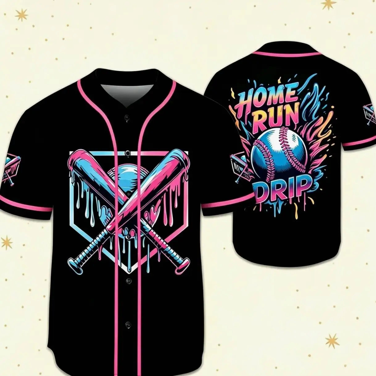 Home Run Drip Baseball Jersey, Pink Blue Drip Cross Bat Graphic Button Up Shirt, Colorful Graffiti Softball Tee, Retro Streetwear Baseball Uniform For Game Day Outfit