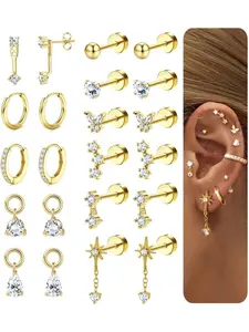 Flat Back Earrings for Women-Hypoallergenic 316L Surgical Steel Earrings Stacks Set-Gold Plated Small Stud & Hoop Earrings Cartilage Tragus Helix Piercing Jewellery Ear Studs