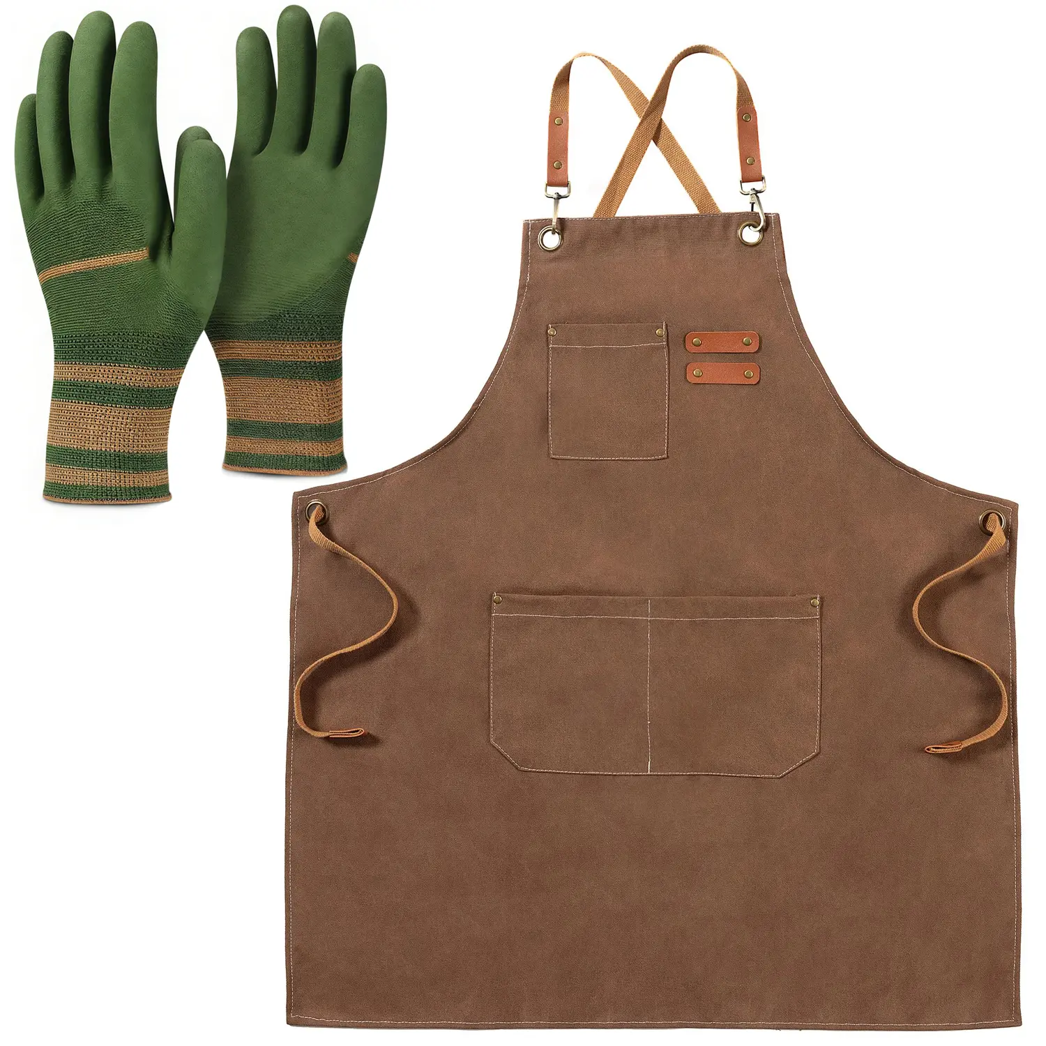 Unisex Heavy-Duty Cotton-Blend Plain American Country Style Home Gardening Apron & Gloves Set - Adjustable, Anti-Puncture Latex Gloves with Stretch Cuffs, Multi-Pocket Apron for Thorn Protection, Hand Washable, All Seasons Use (for Unisex Users), Outdoor