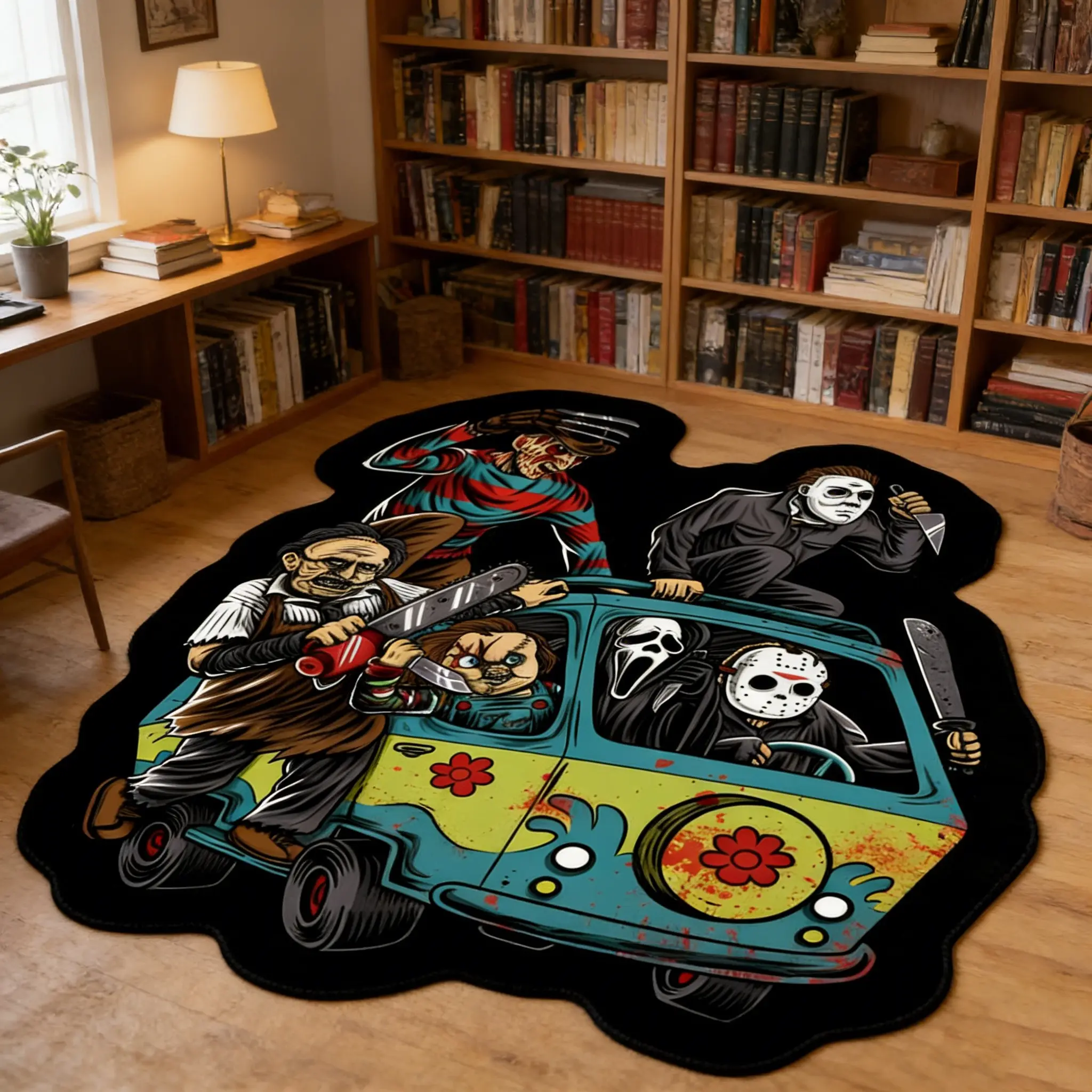 Horror Character Bus Alien Carpet Colorful Contrast Fleece Floor Mat, Entrance Hallway Corridor Anti slip Durable Foot Mat, Retro Horror Atmosphere Decorative Mat Suitable for Ins/Dark Trendy Home Decoration, Non Slip Rugs