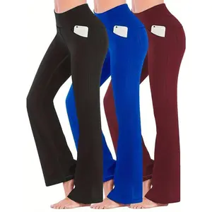 3 Pack Women's Plus Size Sports Pants Set Solid Wide Waistband Flared Leg Yoga Trousers With Phone Pockets Breathable Fabric Suitable Spring/Autumn - Perfect Yoga, Fiess & Everyday Wear