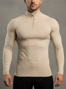 Men's Solid Long Sleeve Compression Tee, Athletic Compression Shirts, Casual Comfy Breathable T-shirt for Spring & Fall, Men's Top for Gym Workout Running, Activewear Clothing