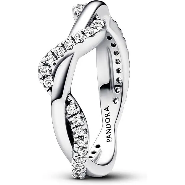 Pandora Sparkling Intertwined Wave Ring 193098C01-56, Stackable Rings, Pave, Contemporary, Crafted, Smooth Polished Ring Band
