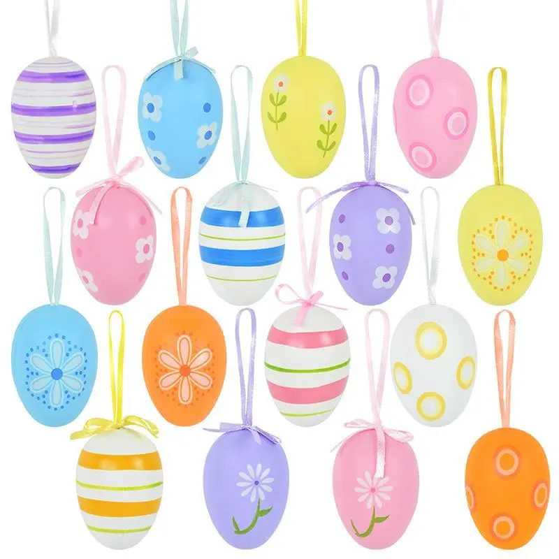 12pcs Plastic Easter Eggs Rabbit Chick Painted Hanging Pendant DIY Crafts for Easter Party Home Decoration Supplies Kids Gifts