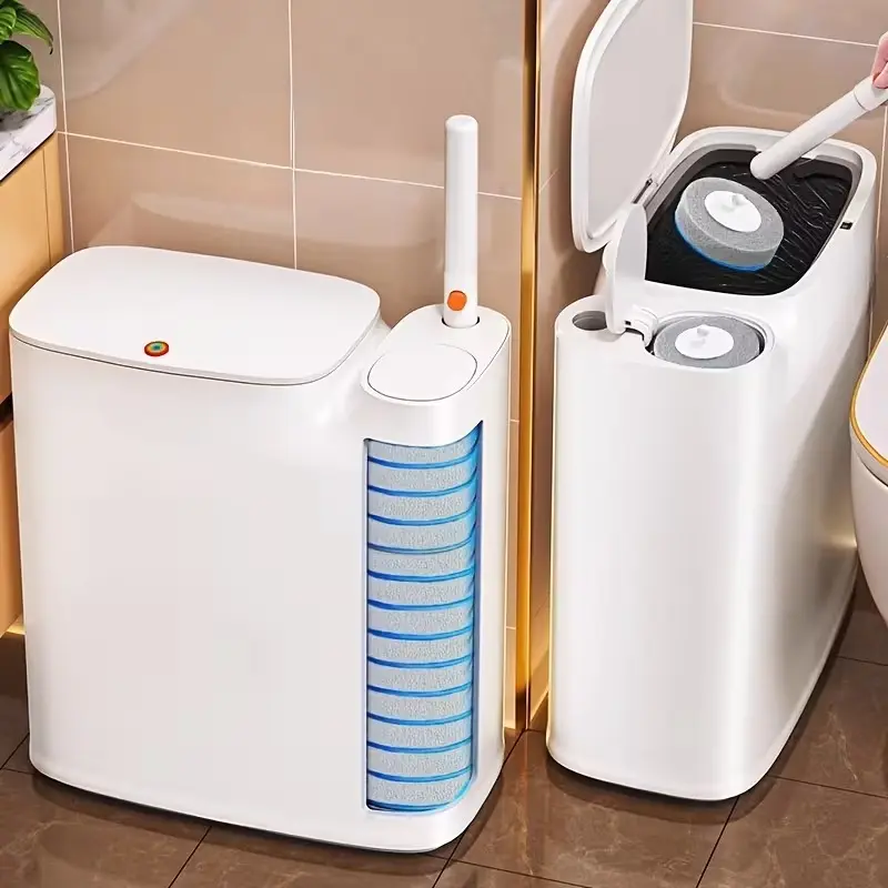 Plastic 2-In-1 Trash Can Combo Toilet Brush & Plungers Set - Durable White Rectangular Press Lid Trash Can, Narrow Seam Space-Saving Floor Mount Bathroom Bin with 12/34/74 Replacement Brush Heads, Odor-Control
