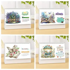 1 Diamond painting art set, featuring a DIY-made 2026 new style desk calendar with crystal gemstones, a desk calendar with patterns of houses, butterflies, books, and luxury carriage with a monthly flip page retro art piece, Diamond painting kits