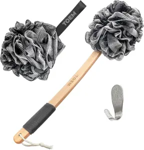 Loofah Back Scrubber for Shower | Bamboo Charcoal Fiber Infused | Loufas for Men & Women | Includes 1 Long Handled Shower Sponge, 1 Bath & Shower Luffa Pouf & 1 Hook to Hang Stuff (Slate Grey) Set Wood