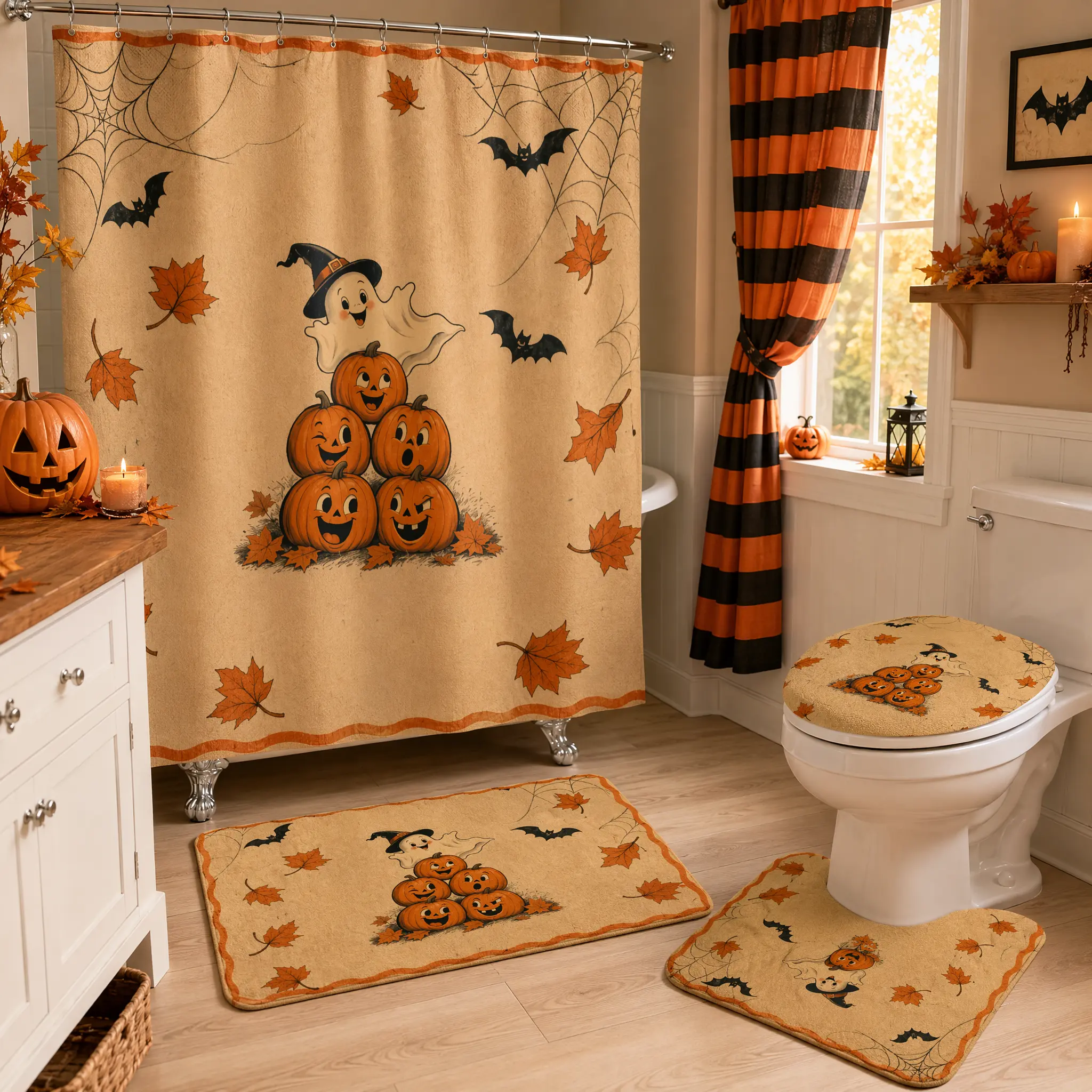 Halloween Pumpkin Ghost Bathroom Set 4Pcs With 12 Hooks Fall Maple Leaf Bat Spider Web Shower Curtain Non Slip Absorbent Bath Mat Contour Rug Toilet Lid Cover Complete Bathroom Decor Kit For Home Apartment Dorm Autumn Thanksgiving Halloween Party Decor