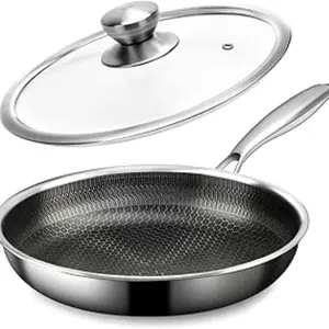 Non-Stick Stainless Steel Frying Pan with Glass Lid, Easy Clean, Long Heat Resistant Handle, Durable Cookware for Home Cooking