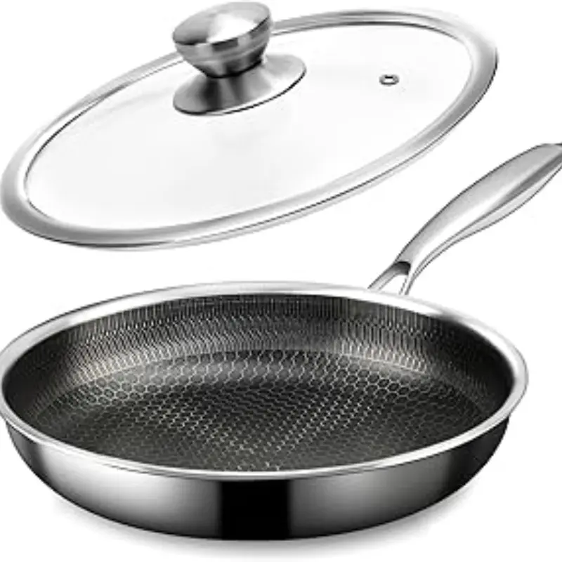Non-Stick Stainless Steel Frying Pan with Glass Lid, Easy Clean, Long Heat Resistant Handle, Durable Nonstick Kitchen Cookware for Home Cooking