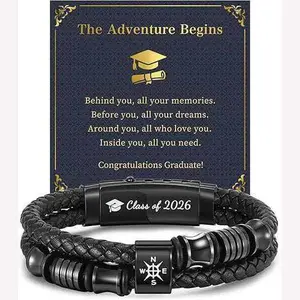 2026 Graduation Compass Bracelet for Men, Double Braided Black Leather Bracelet with "Class of 2026" Engraved Bar, Graduation Jewelry Gift for Son, Grandson, Friend, Senior 2026 Keepsake
