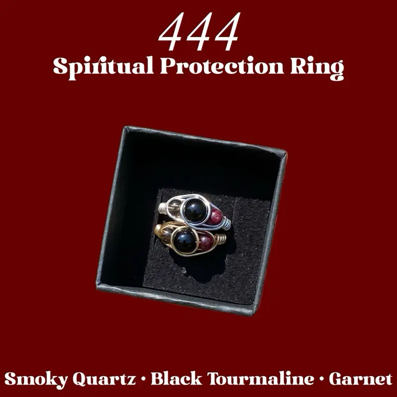 444 Angel Number Inspired Crystal Ring for Grounding & Protection with Smoky Quartz Black Tourmaline and Garnet
