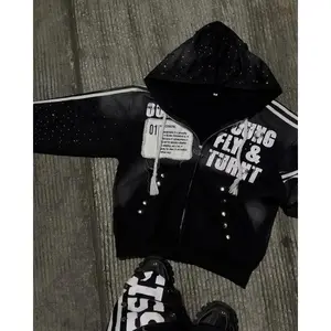 unique clothing piecesGothic Punk Hip Hop Washed Hoodie Retro Klein Stone Stripe Embroidery Zip Up Hoodies Rock Harajuku Men Women Streetwear funny saying shirt (Raincoats)