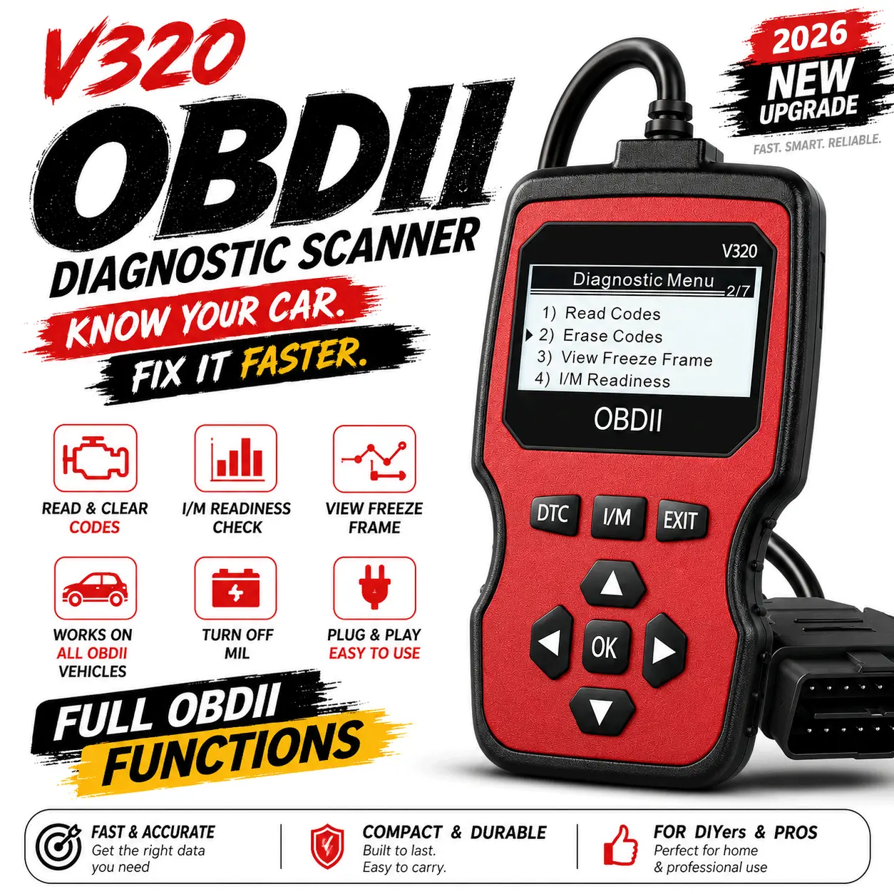 2026 Upgraded OBD2 Scanner Fault Code Reader, Battery Test, Full OBDII, Real-Time Data,DTC LookUp, Check Engine Light, 1996+ Vehicles, Battery-Free