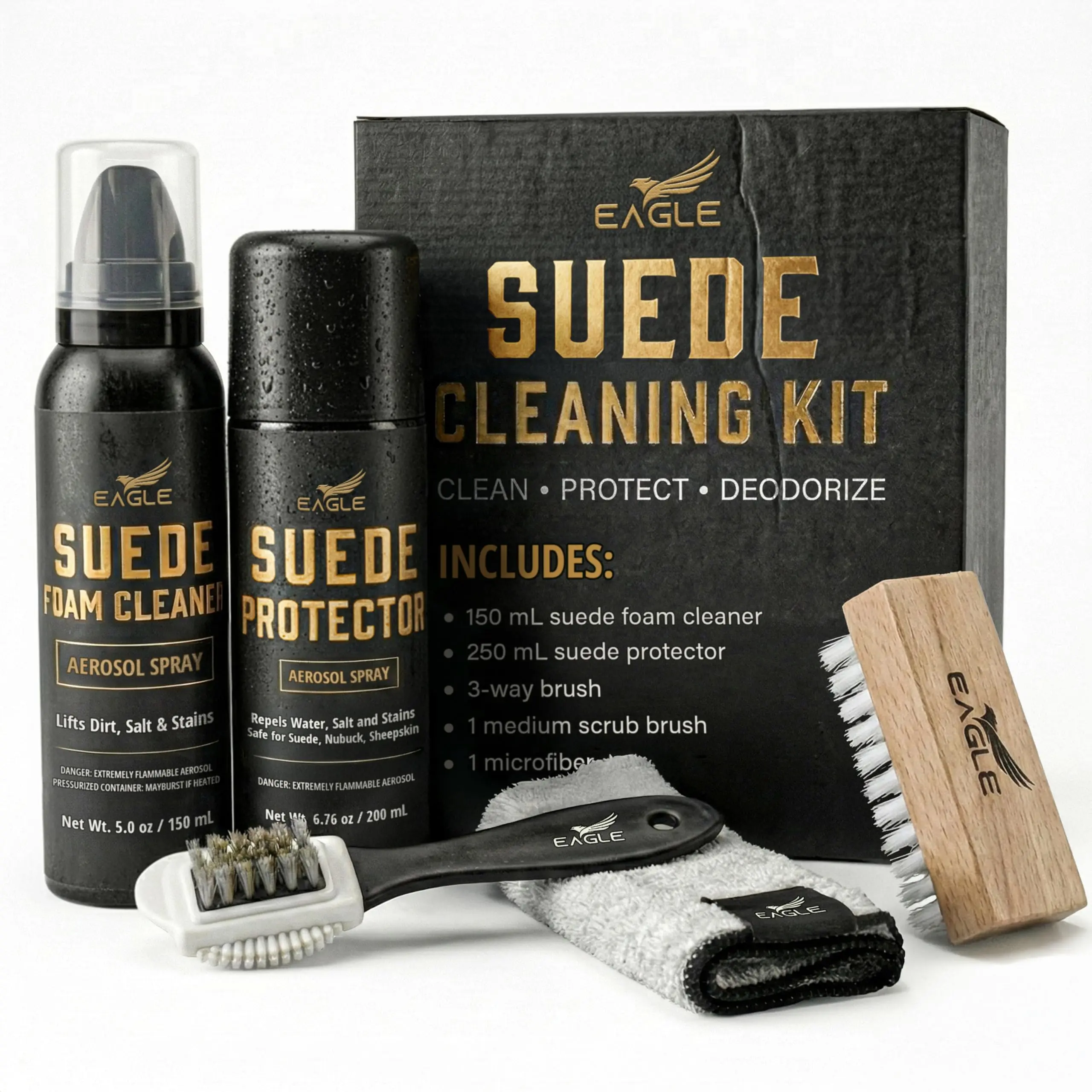 Eagle Suede & Nubuck Cleaning Kit – 5-Piece Set with Foam Suede Cleaner & Protector Spray, 3-Way Brush, Scrub Brush & Cloth – Suede Care Kit for Shoes & Boots- Compatible with Ugg Boots