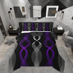 Feelyou Purple and Black Boho Abstract Striped Comforter Set - Multi-Size, Travel-Friendly, Modern Aesthetic Line, Contemporary Gradient Geometric Quilt, Bedroom Bedding Set